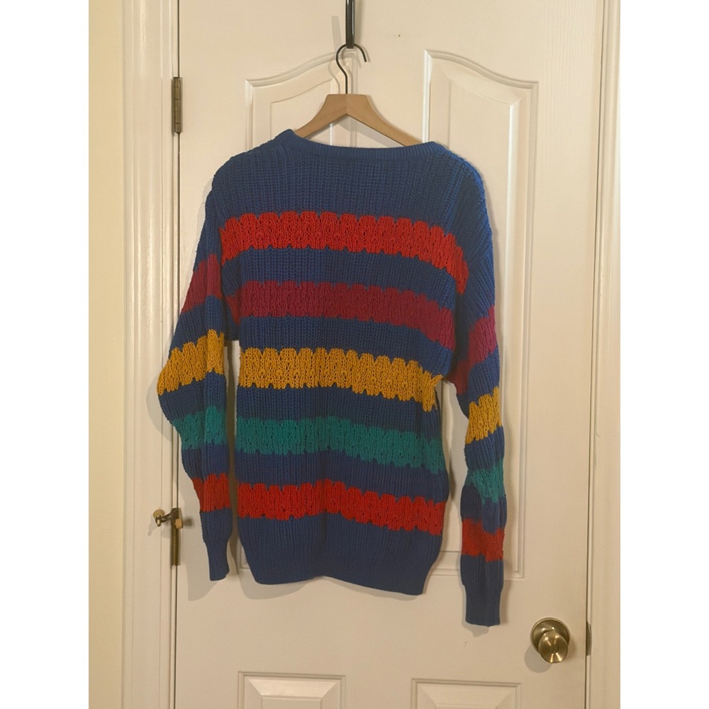 Vintage Jantzen | Striped Cotton Knit Sweater Small Blue Red Grandpa Made in USA - Picture 3 of 8